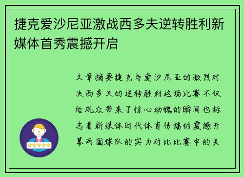 捷克爱沙尼亚激战西多夫逆转胜利新媒体首秀震撼开启