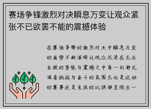 赛场争锋激烈对决瞬息万变让观众紧张不已欲罢不能的震撼体验